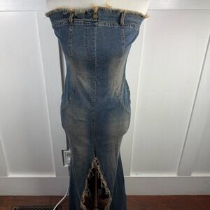 STUDIO F Denim Maxi Dress Strapless Frayed Waist Corset Back Zipper Pockets L